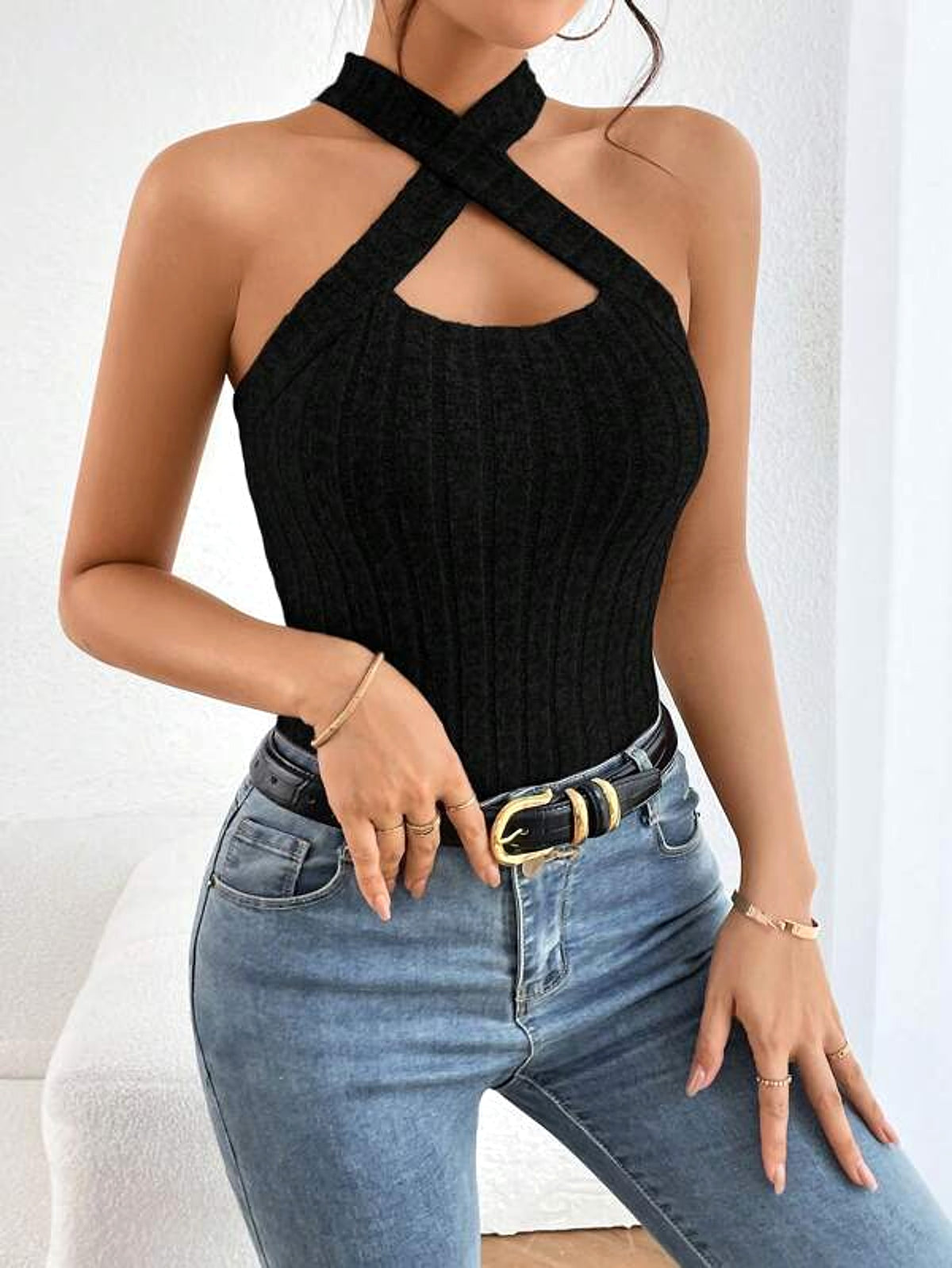 Women's Halter Sleeveless Brushed Knitted Top (T-shirt) - enhanced image 2
