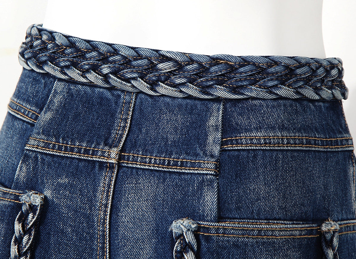 Women's Handmade Braided Wide Leg Jeans - enhanced image 2