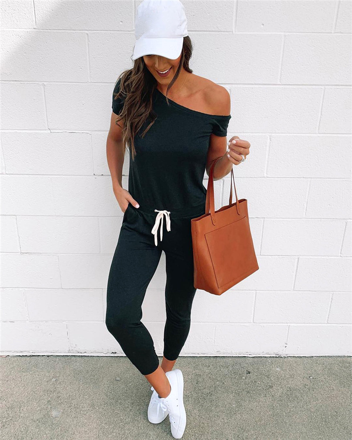 Women's Off-the-shoulder Short-sleeved Pocket Lace-up Shoulder Jumpsuit - enhanced image 2