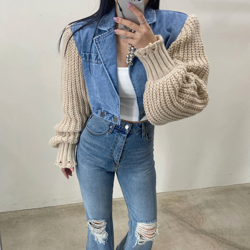 Women's Retro Minority Patchwork Knitting Denim Jacket - enhanced image 2