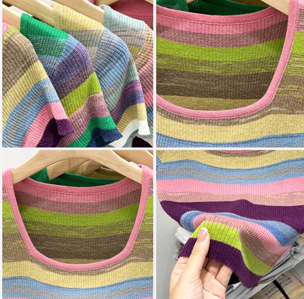 Women's Short Sleeve Square Collar Striped Ice Silk Knitted Sweater - enhanced image 2