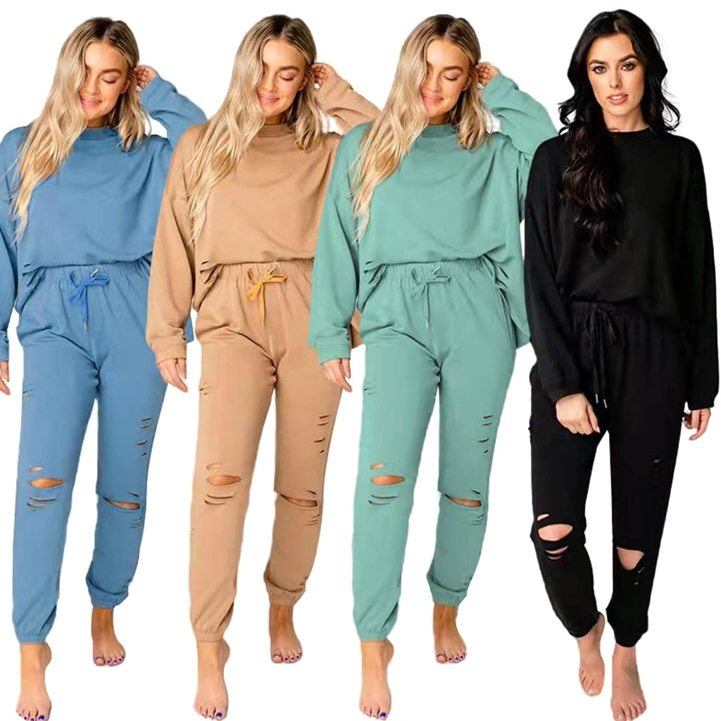 Women's Solid Color Ripped Tracksuit - enhanced image 2