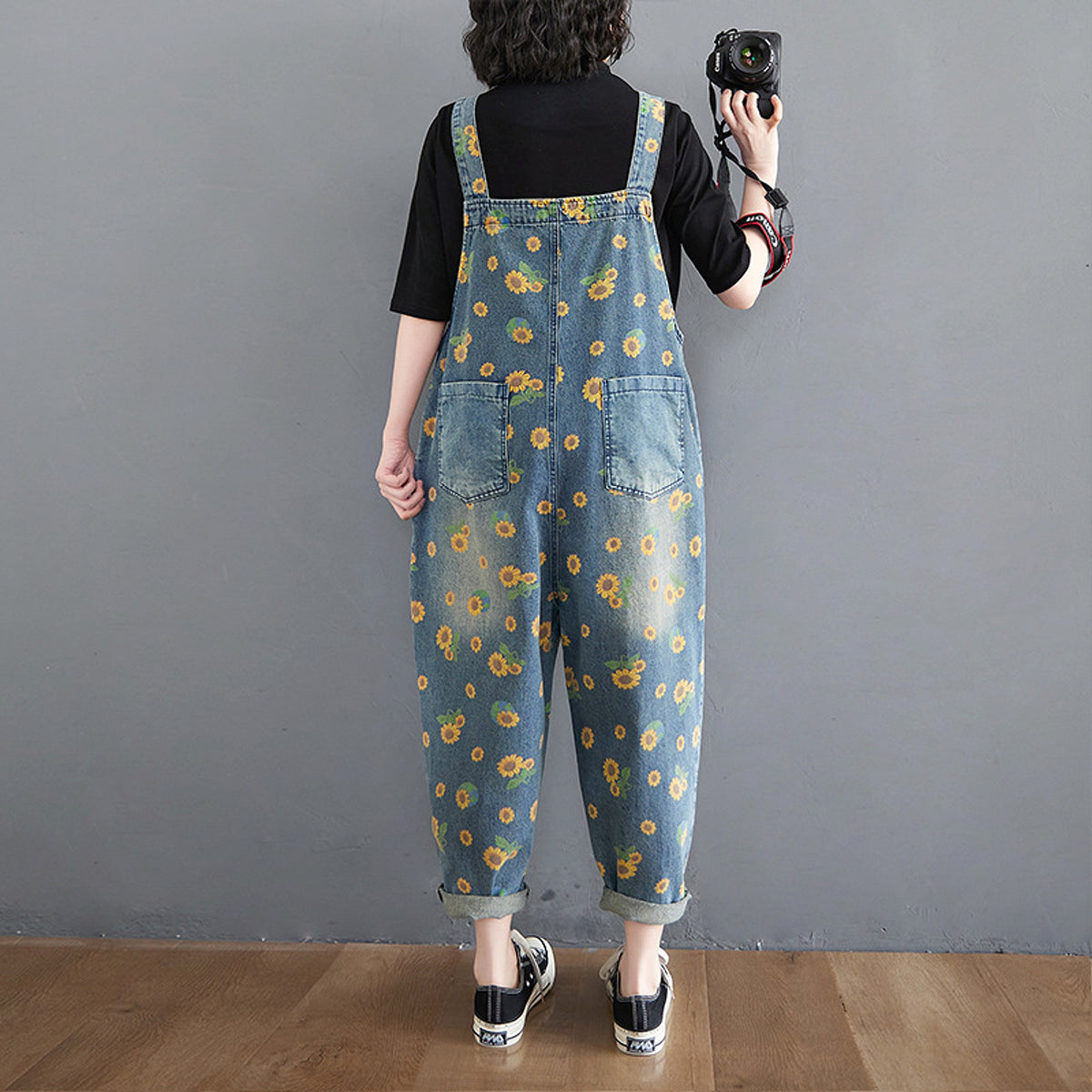 Women's Summer Retro Literary Print Denim Overalls - enhanced image 2
