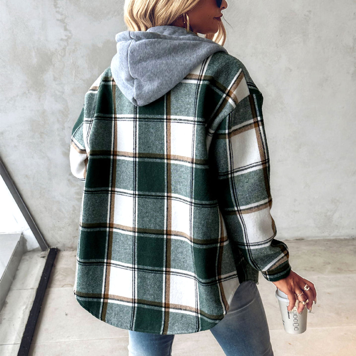 Women's Wear Solid Color Plaid Hooded Jacket - enhanced image 2