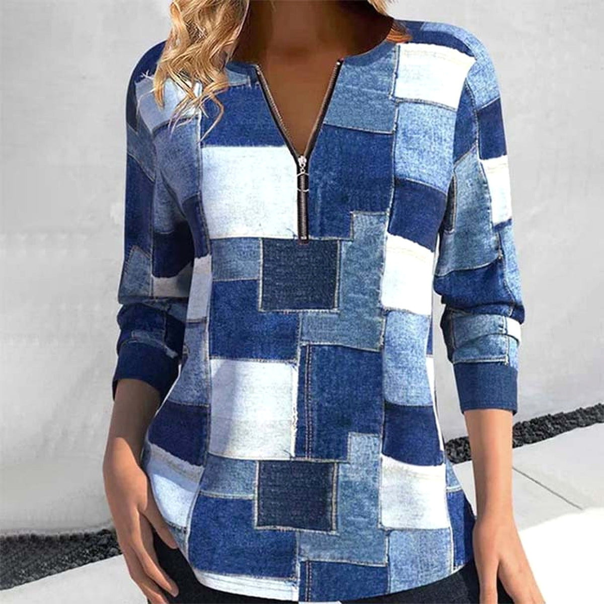 Women's Zipper Long Sleeve Geometric Top T-Shirt - enhanced image 2