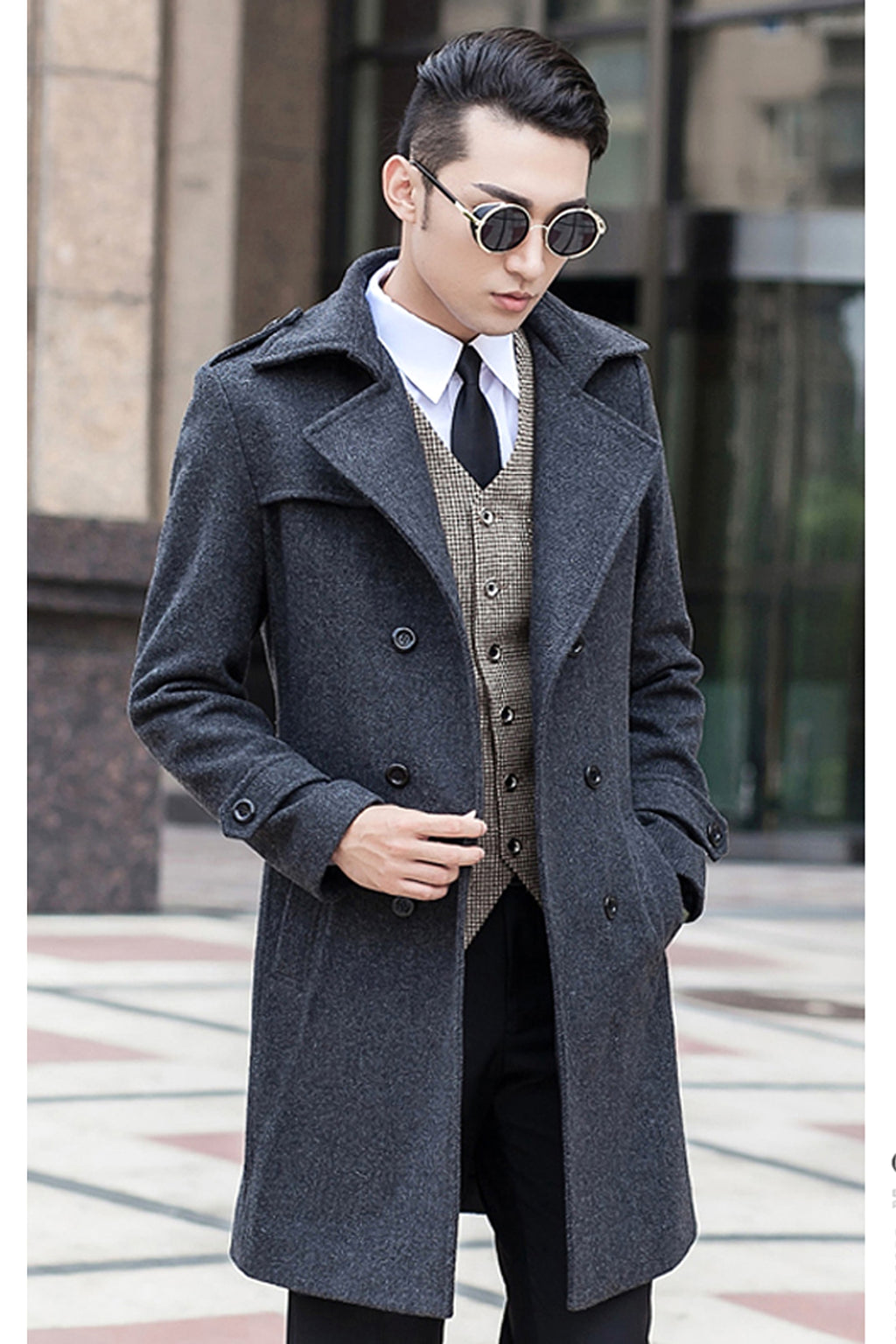 Woolen Striped Double Breasted Trench Coat Men - enhanced image 2