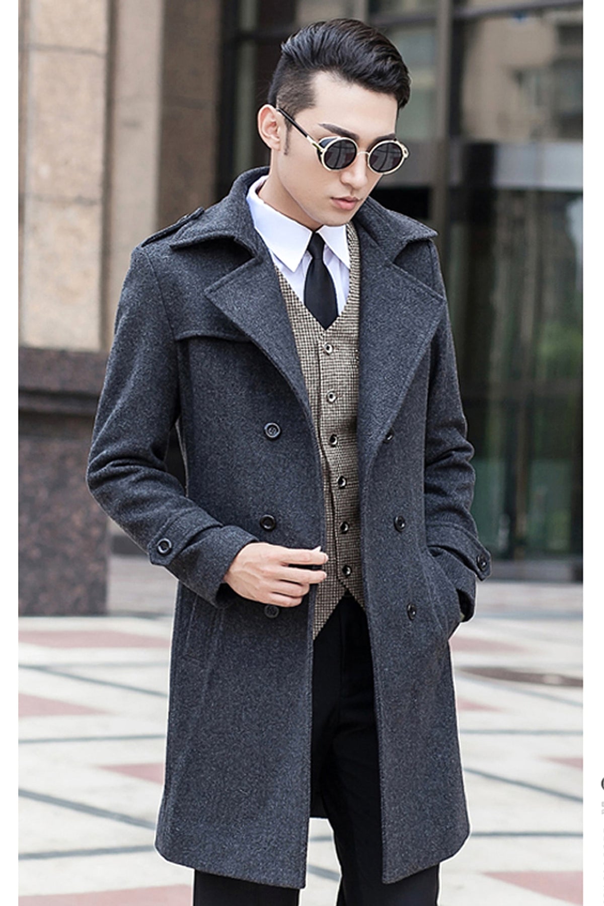 Woolen Striped Double Breasted Trench Coat Men - enhanced image 2