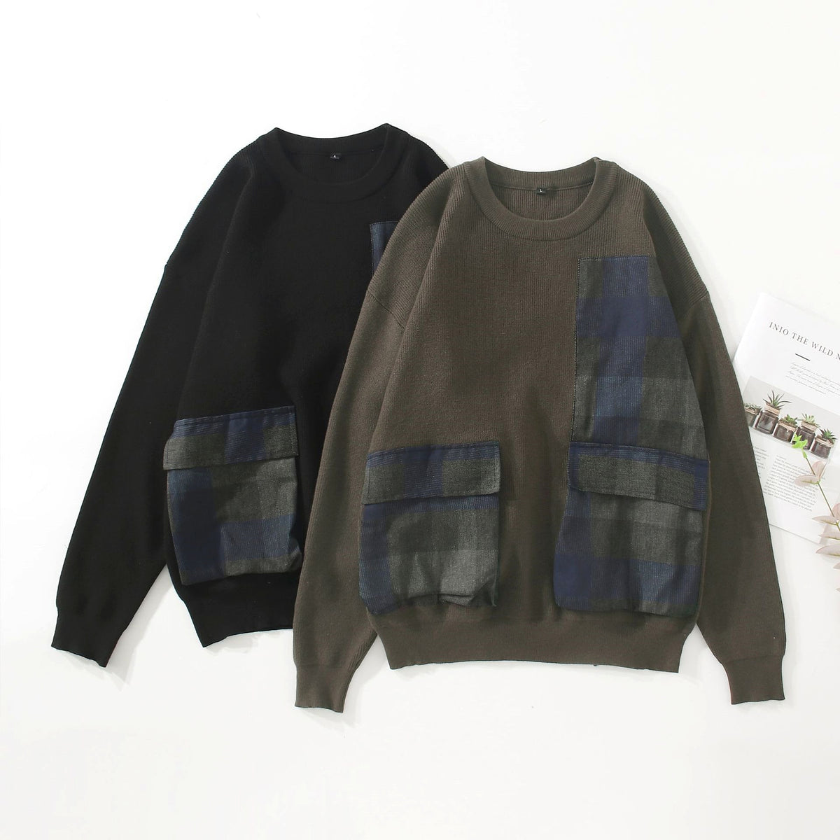 Youth Symmetrical Plaid Big Pocket Decorated Sweater Men - enhanced image 2