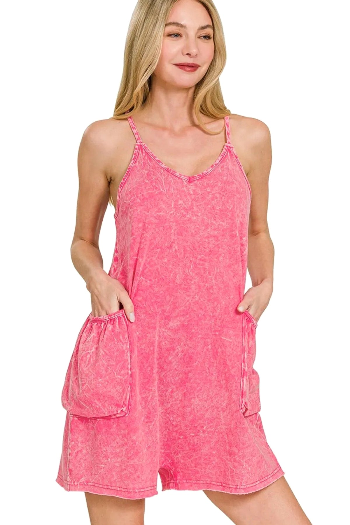 Zenana Acid Crinkle Washed Spaghetti Strap Romper - enhanced image 2