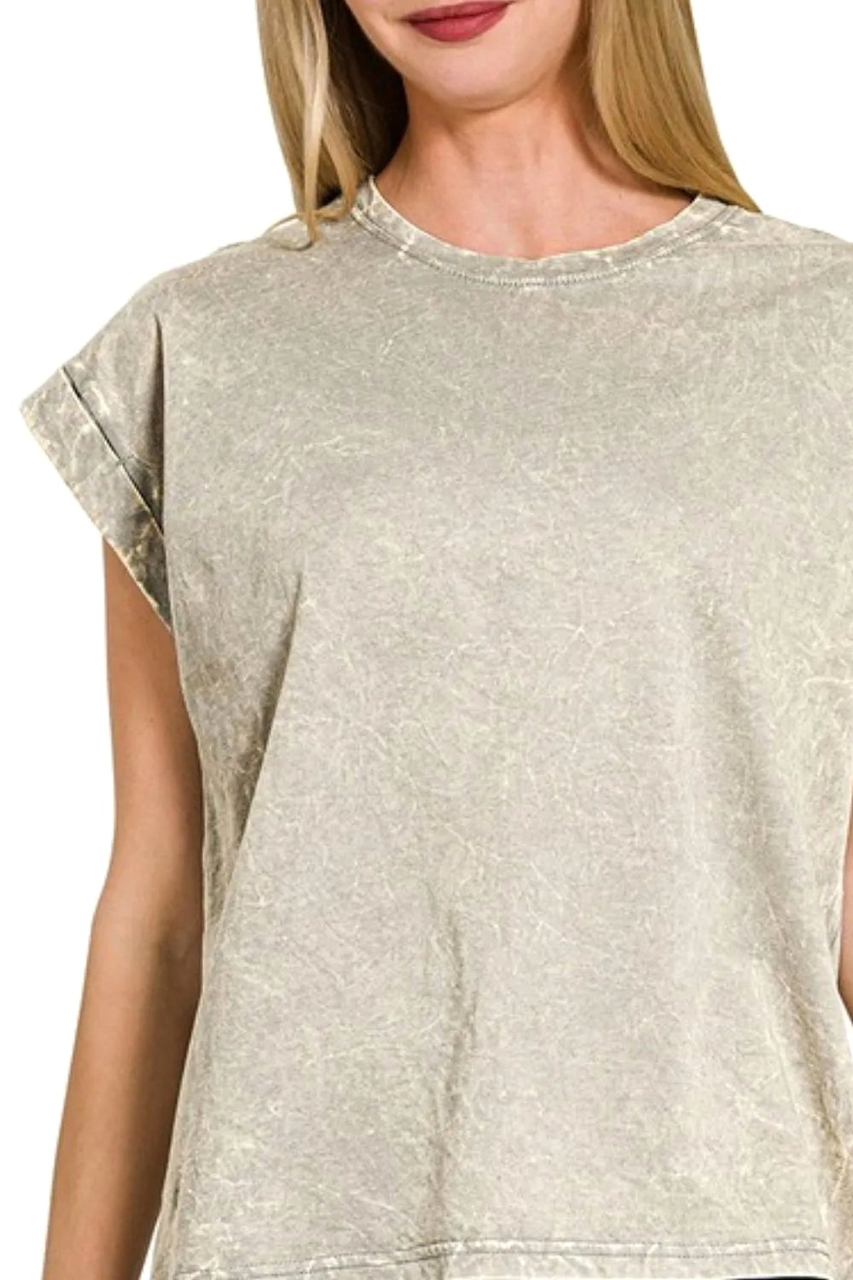 Zenana Crinkle Washed Round Neck Folded Short Sleeve Tee - enhanced image 2