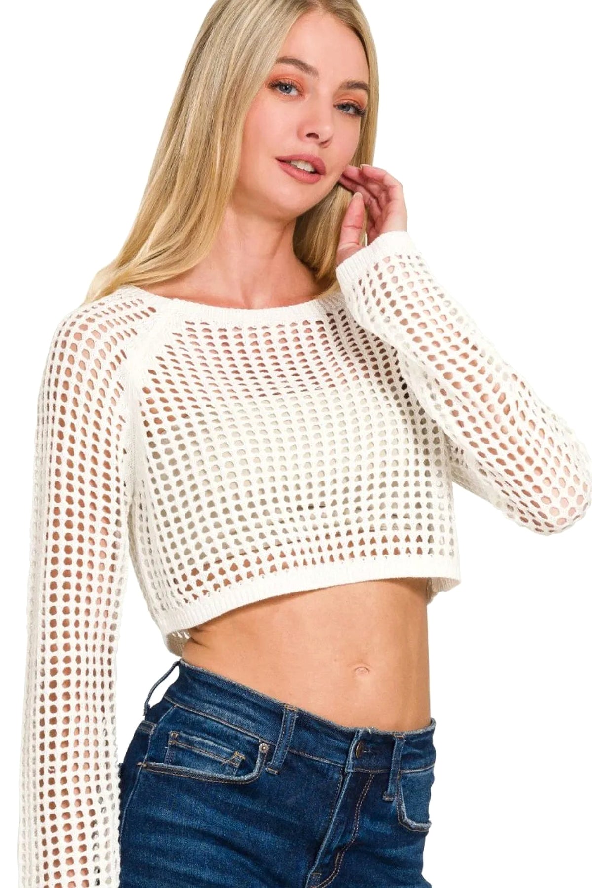 Zenana Hollow Knitted Cropped Round Neck Sweater - enhanced image 2