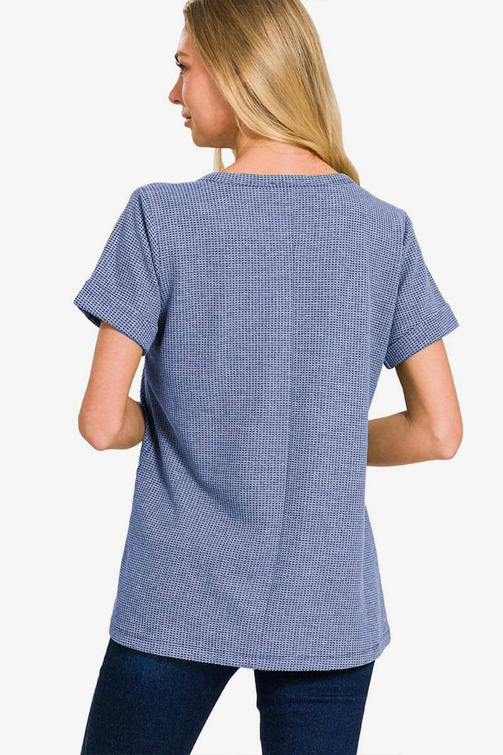 Zenana Notched Short Sleeve Waffle T-Shirt - enhanced image 2