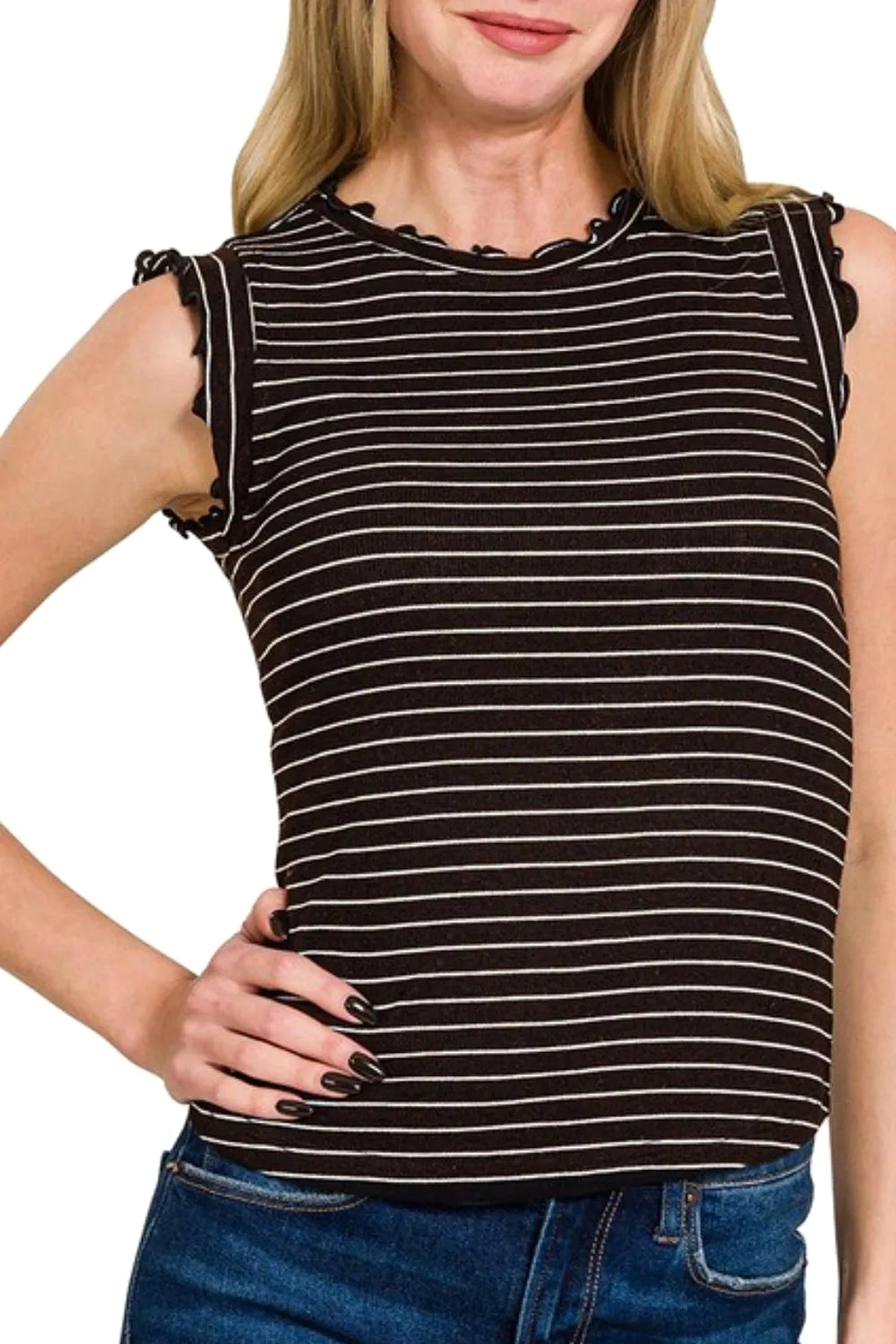 Zenana Ribbed Ruffle Trim Sleeveless Stripe Top - enhanced image 2