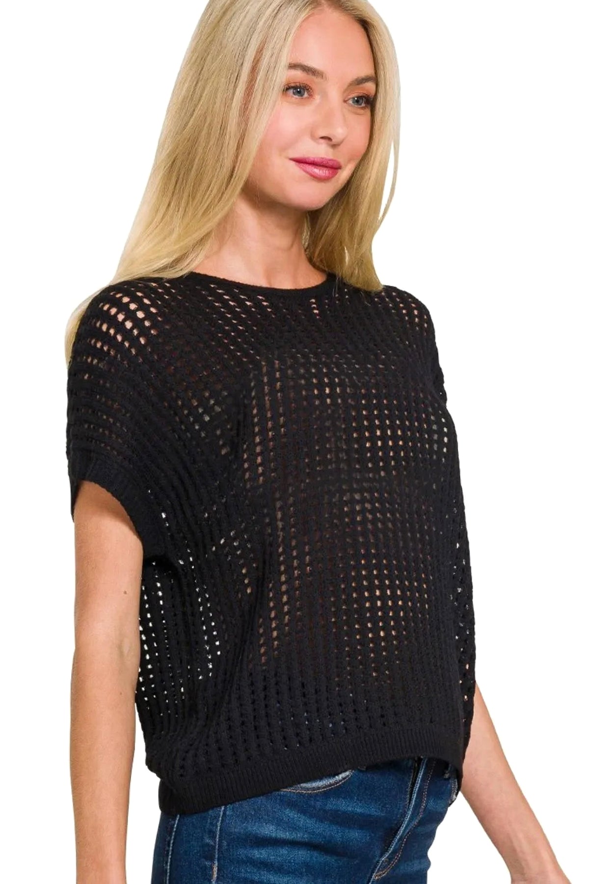 Zenana Viscose Crochet Knit Sheer Hollow Sweater - enhanced image 2