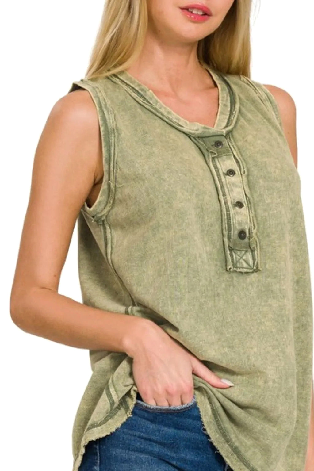 Zenana Washed Half-button Raw Edge Sleeveless Henley Top - enhanced image 2
