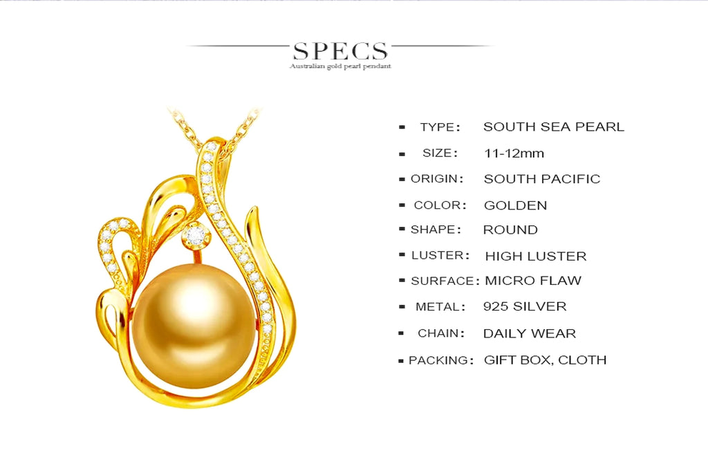 11-12mm 925 Silver Saltwater Gold Pearl Pendant - enhanced image 3