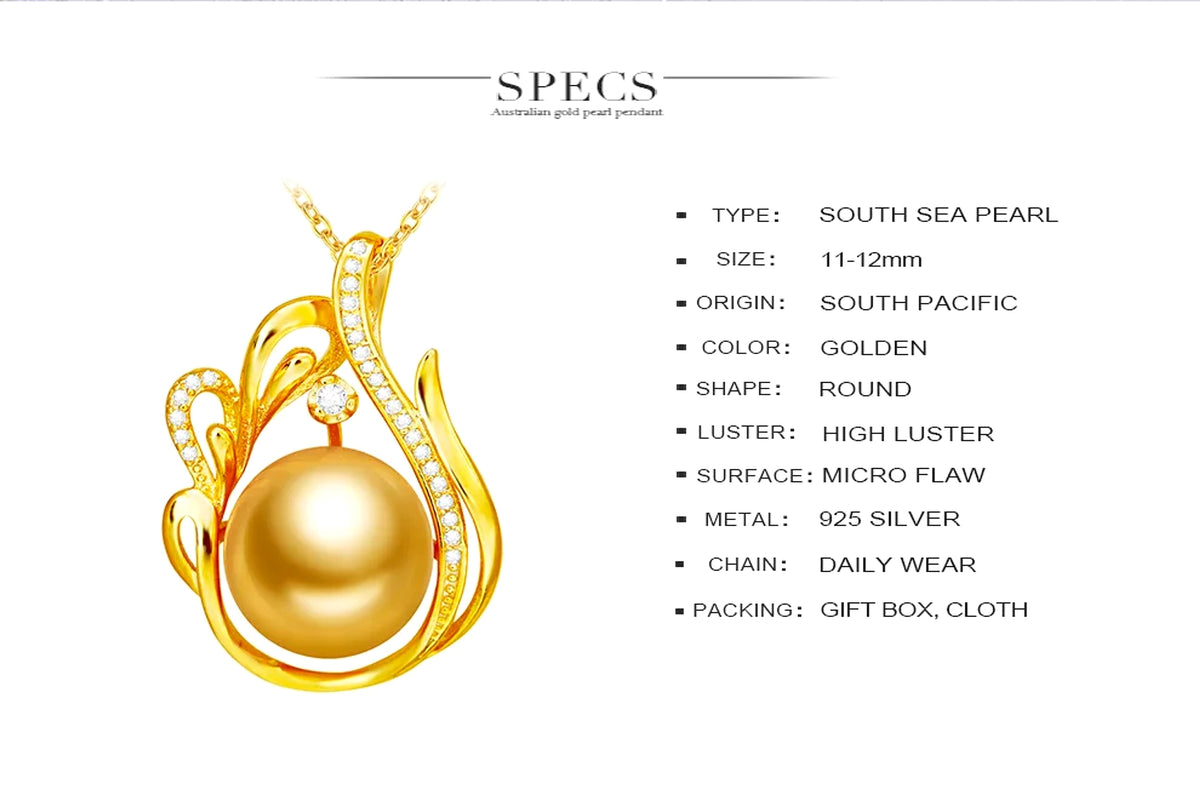 11-12mm 925 Silver Saltwater Gold Pearl Pendant - enhanced image 3