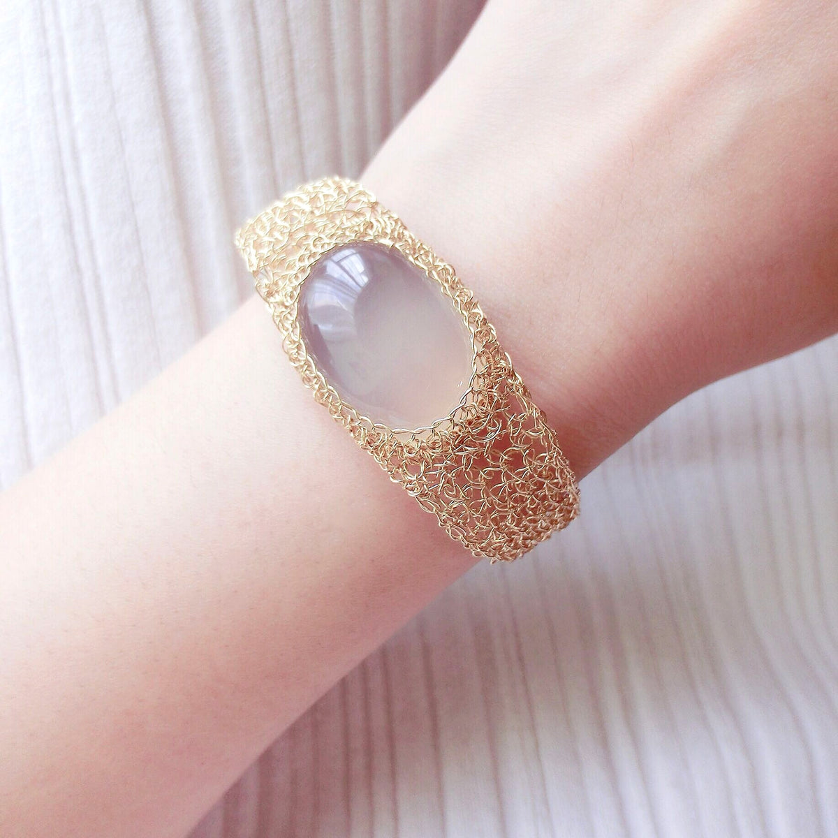 14k Gold Wire Natural White Chalcedony Bracelet - enhanced image 3