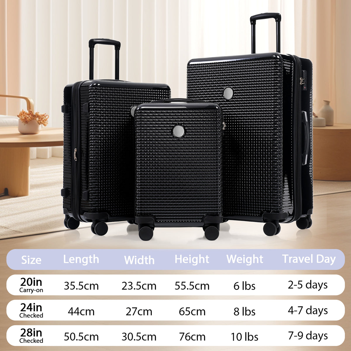 3 Piece Set Of Hard Shell Suitcases With Wheels, Light Expandable Travel Suitcase With TSA Lock - enhanced image 3