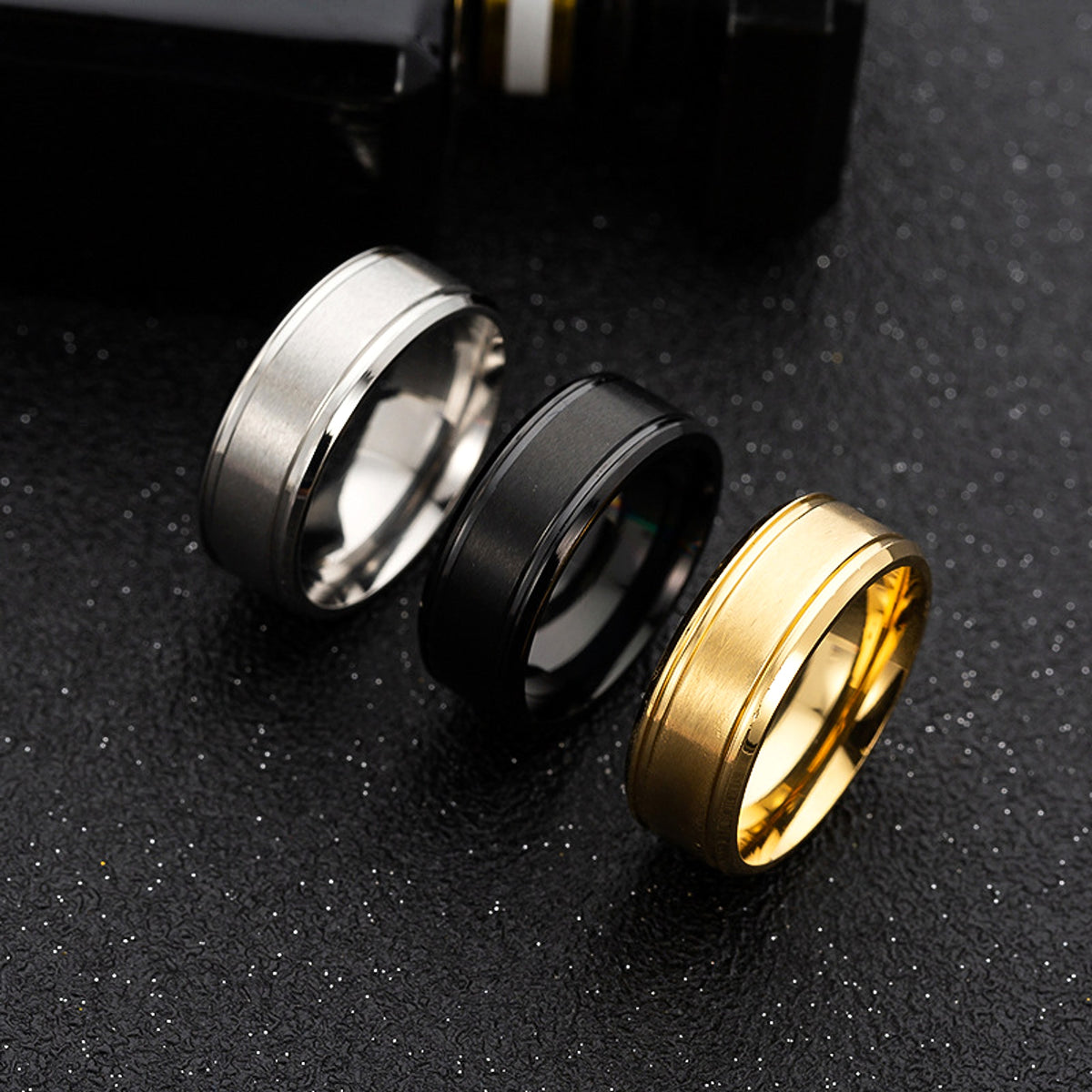361 Stainless Steel 8mm Wide Matte Double Bevel Simple Men's Ring - enhanced image 3