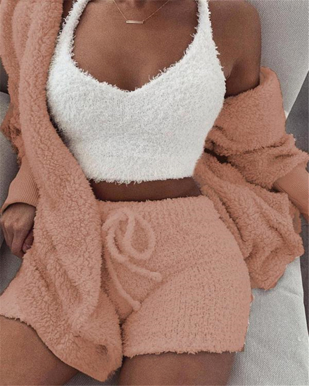 3pcs Women's Loungewear Set – Cozy Crop Tank, Drawstring Shorts & Long Sleeve Top - enhanced image 3