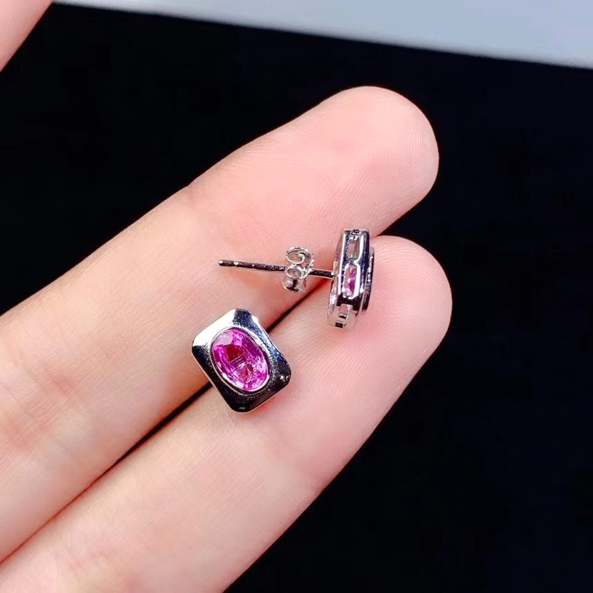 925 Silver Inlaid Natural Sapphire Stud Earrings - enhanced image 3