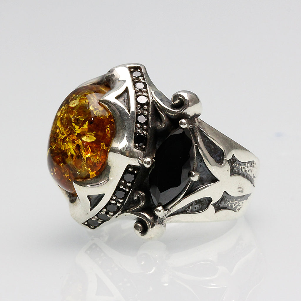 925 Thai Silver Ring Retro Gem Black Stone Amber - enhanced image 3