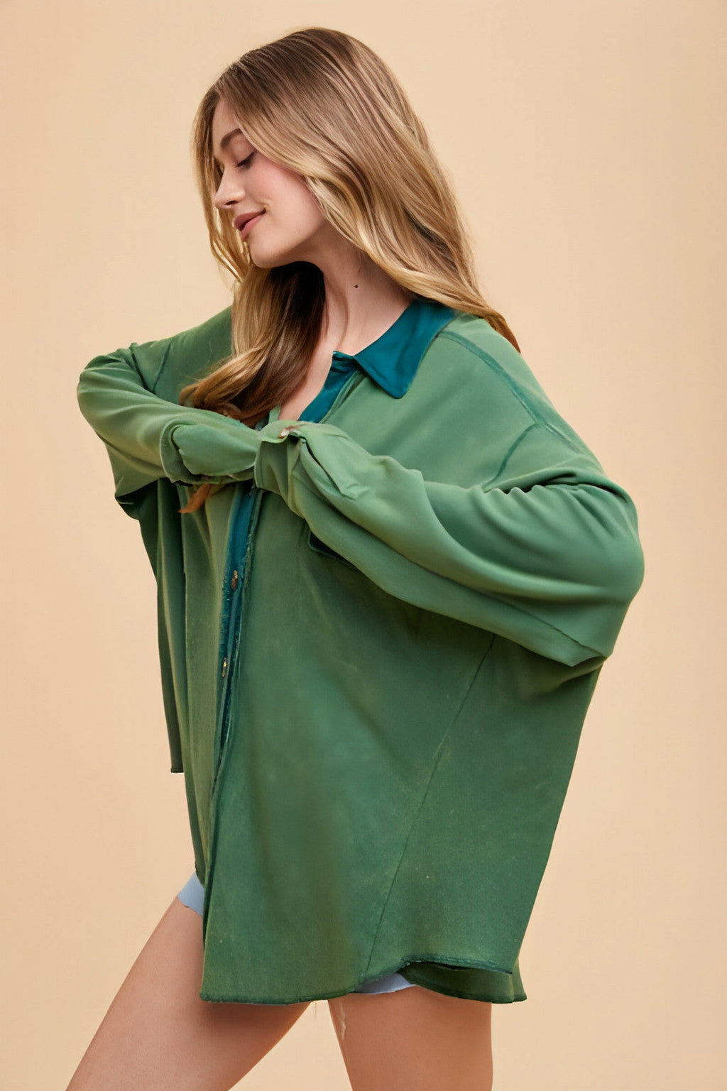 Annie Wear Waffle-Knit Mineral Washed Button Down Shirt - enhanced image 3