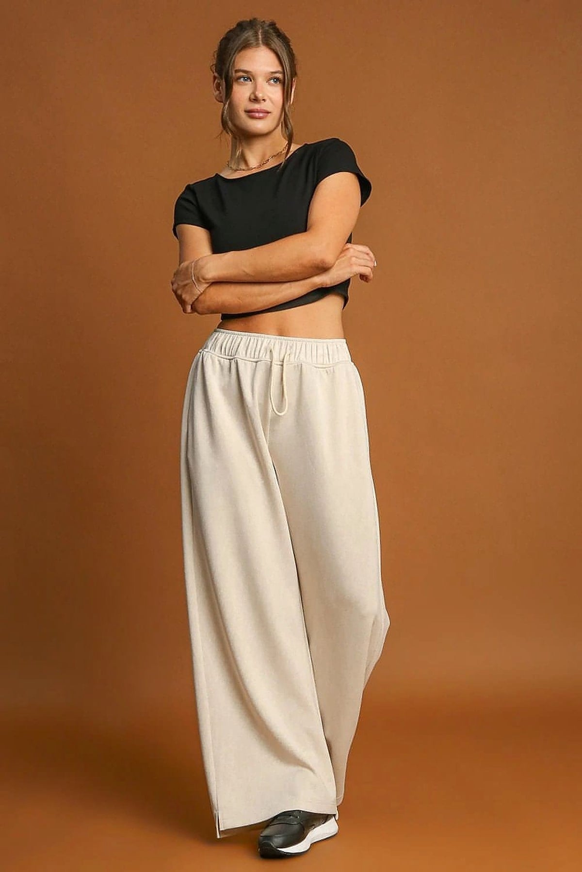 Apricot Loop Drawstring Casual Wide Leg Pants - enhanced image 3