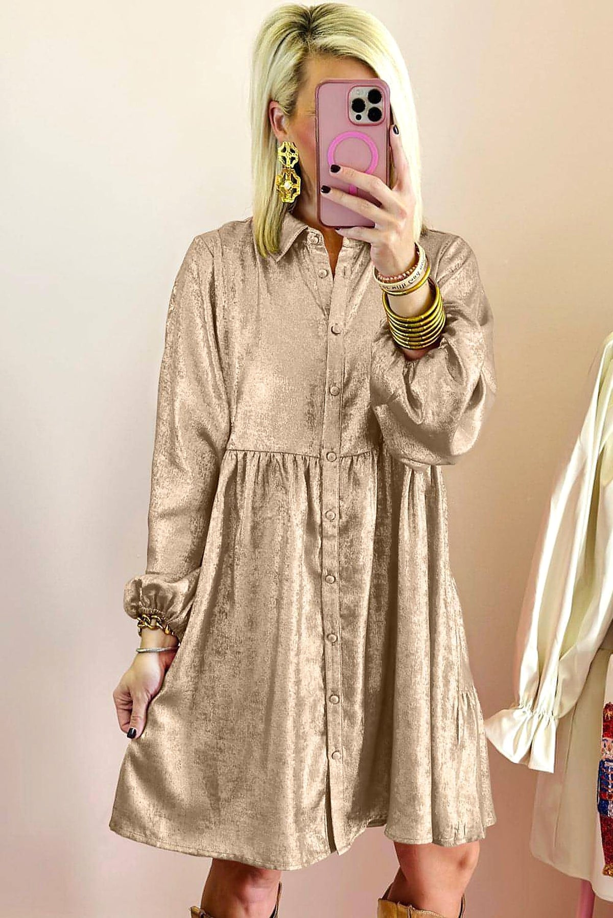 Apricot Metallic Sheen Puff Sleeve Button Up Mini Shirt Dress - enhanced image 3