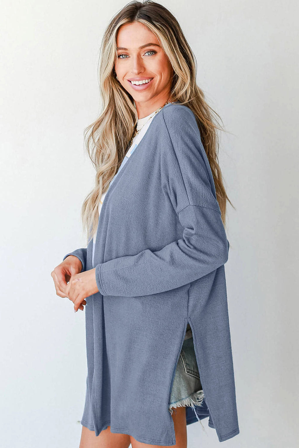 Ashleigh Blue Solid Color Rib Knit Open Front Tunic Cardigan - enhanced image 3