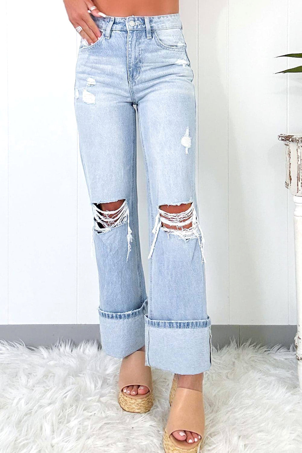 Beau Blue Light Wash Distressed Flare Jeans - enhanced image 3