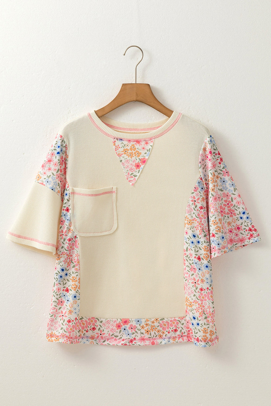 Beige Floral Patchwork Chest Pocket Wide Sleeve Waffle T Shirt - enhanced image 3
