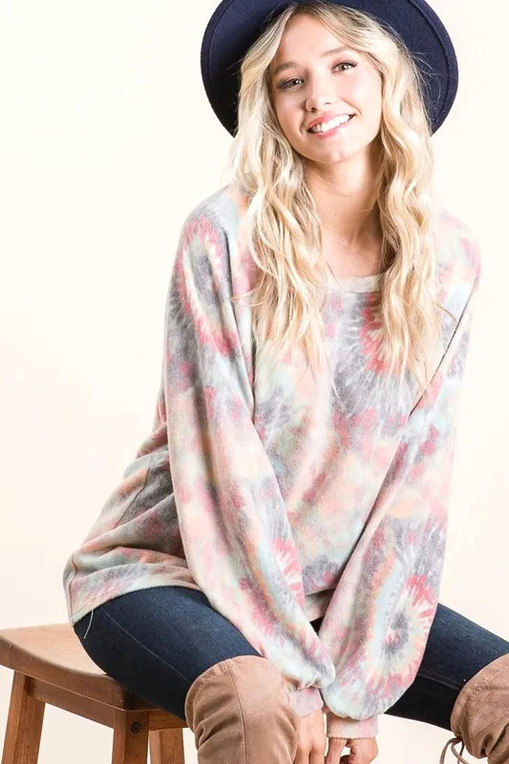 BiBi Brushed Tie Dye Print Top with Puff Sleeves - enhanced image 3