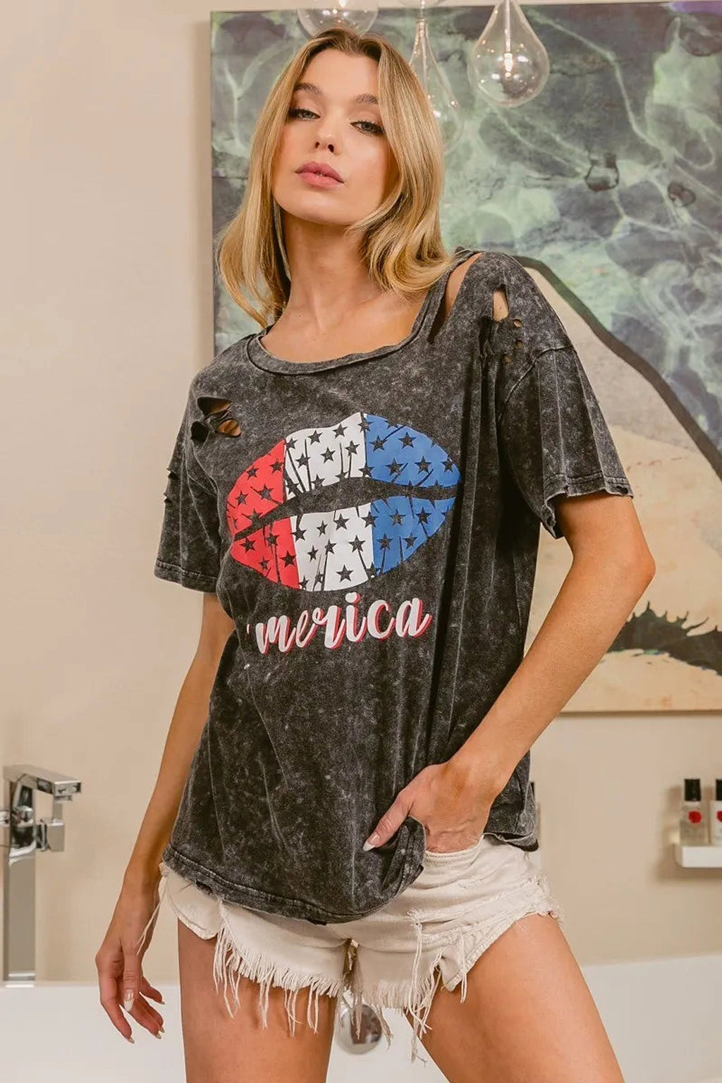 BiBi Laser Cut Mineral Washed Old Glory Lip Print Top - enhanced image 3
