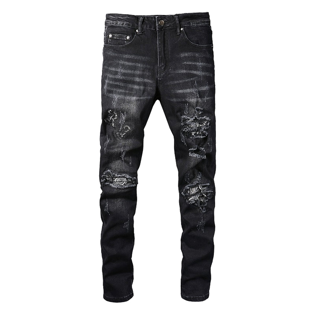Black Cashew Flower Printed Patch Torn Jeans For Men - enhanced image 3
