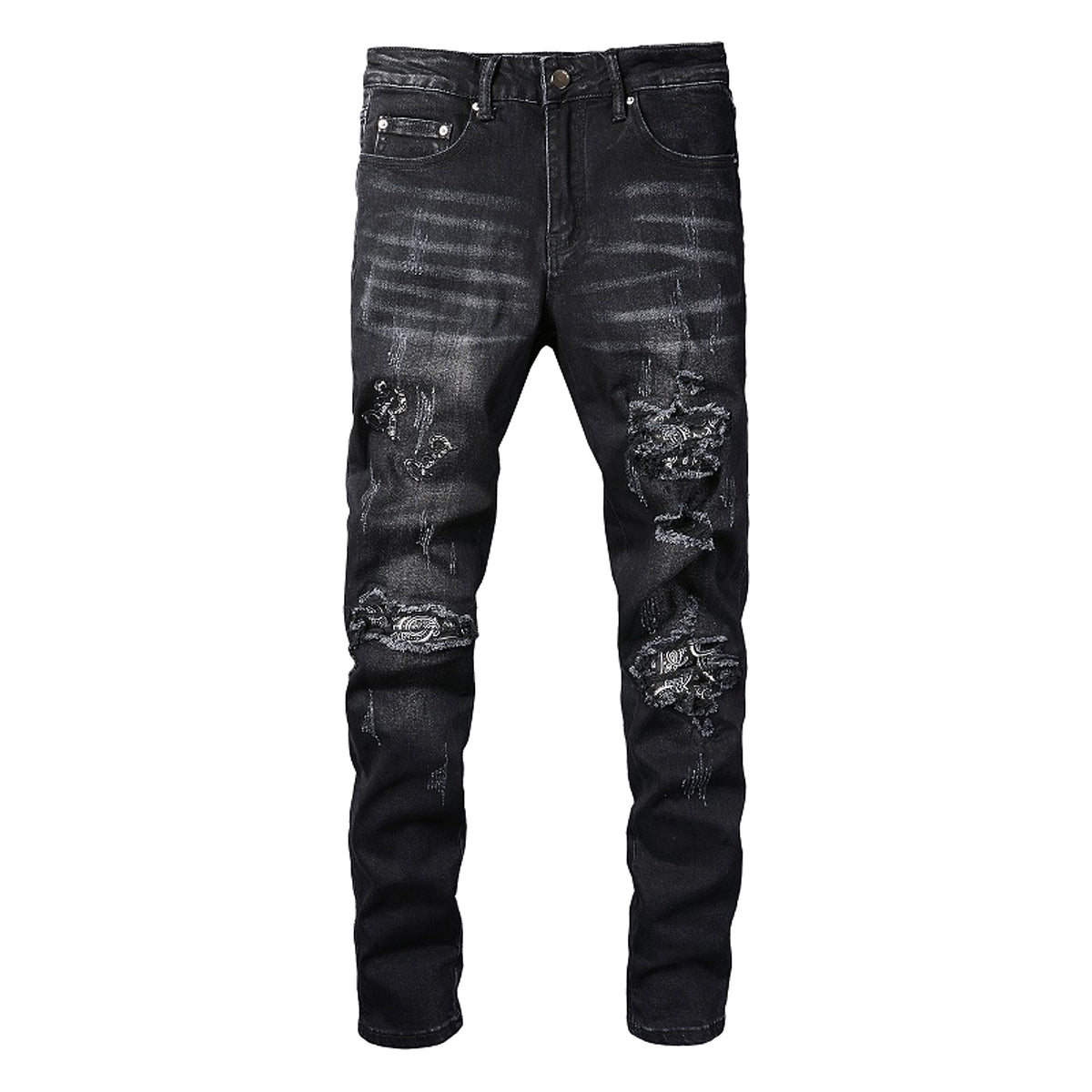 Black Cashew Flower Printed Patch Torn Jeans For Men - enhanced image 3