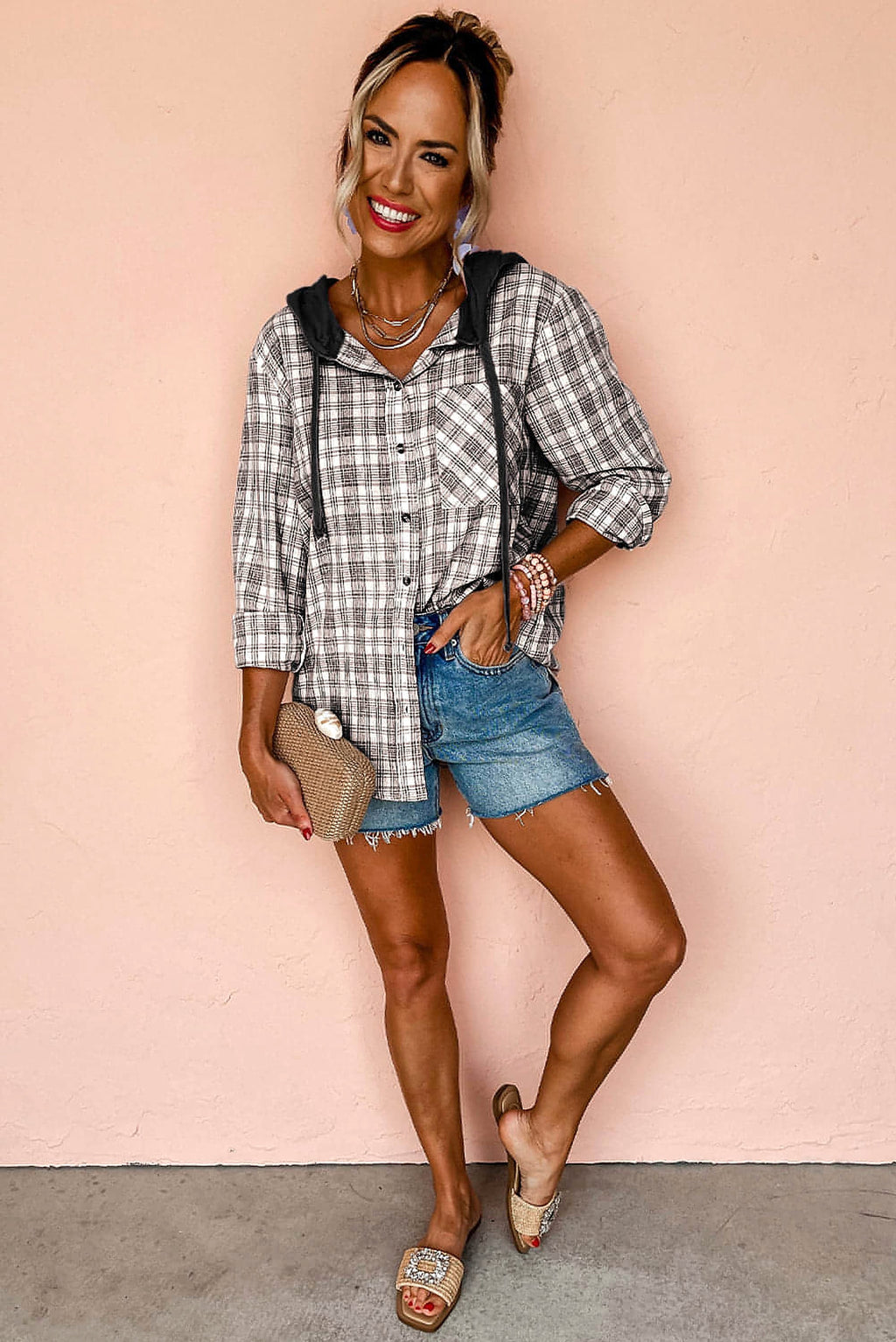 Black Checkered Print Loose Fit Buttoned Hooded Shacket - enhanced image 3