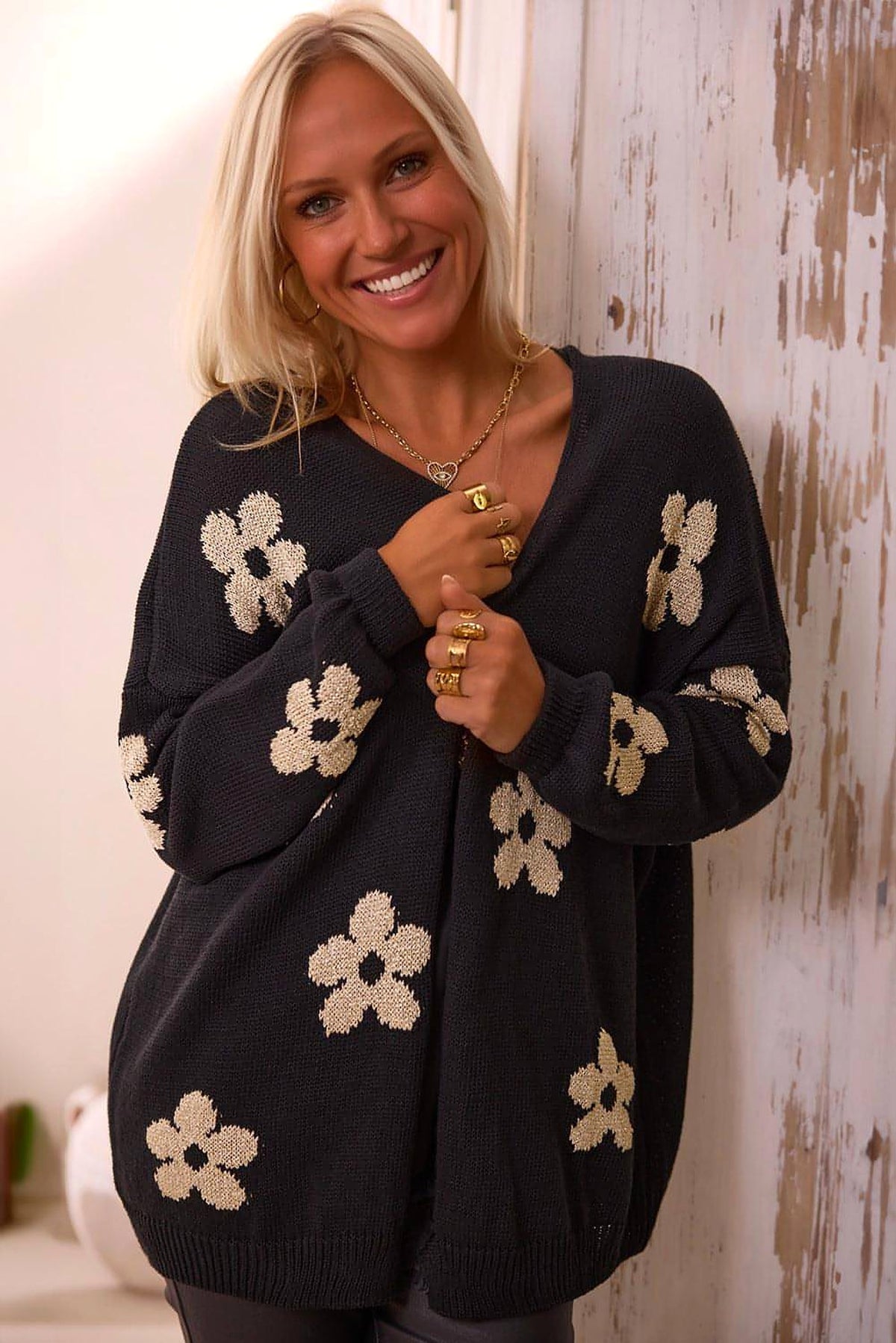 Black Floral Print Knitted Open Front Loose Cardigan - enhanced image 3