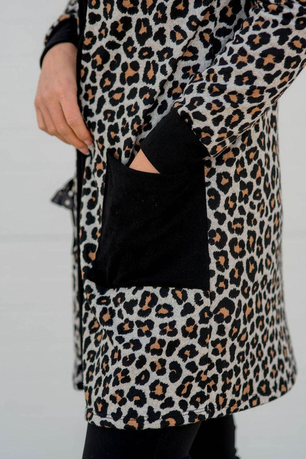 Black Leopard Patched Pocket Open Front Cardigan - enhanced image 3
