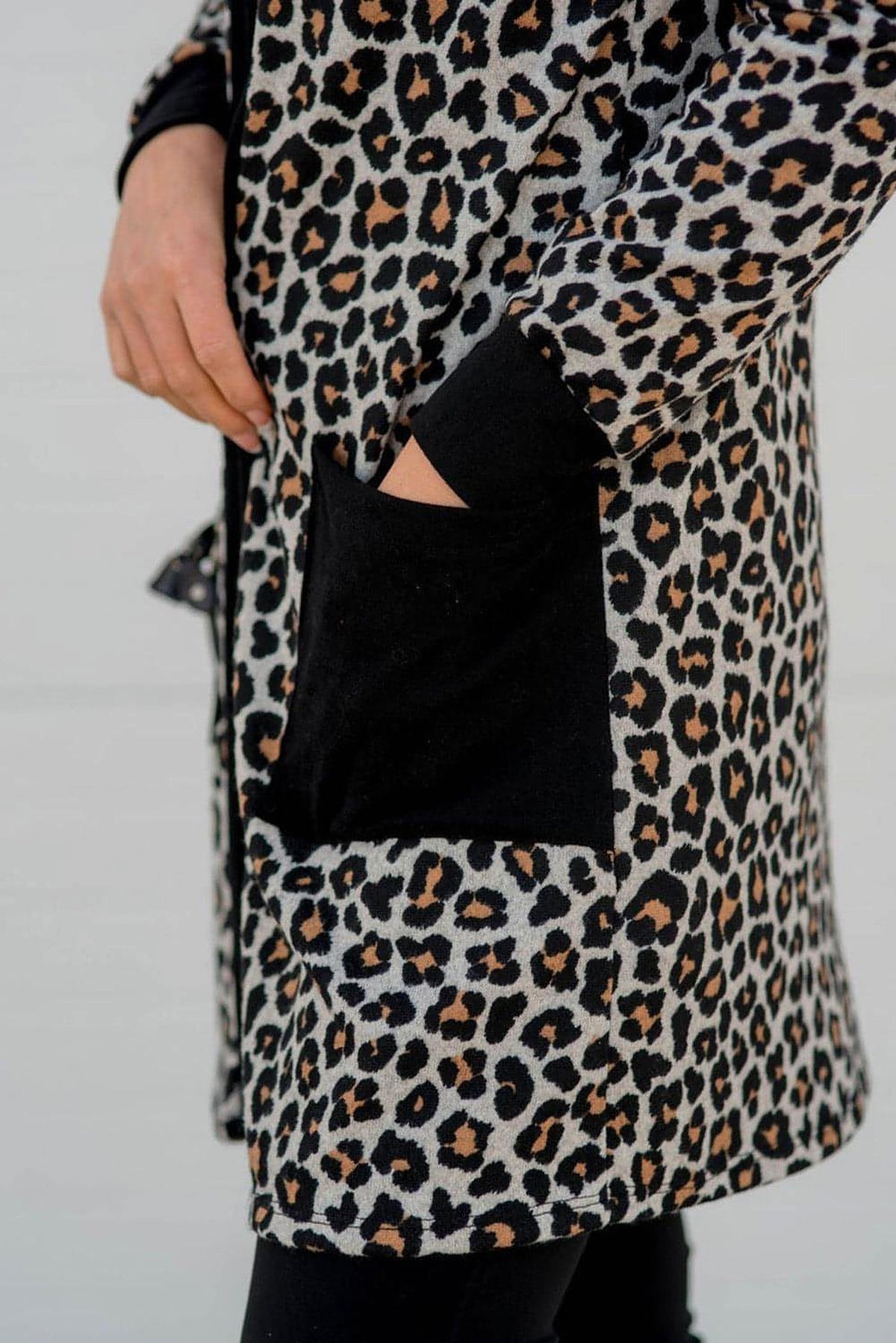 Black Leopard Patched Pocket Open Front Cardigan - enhanced image 3