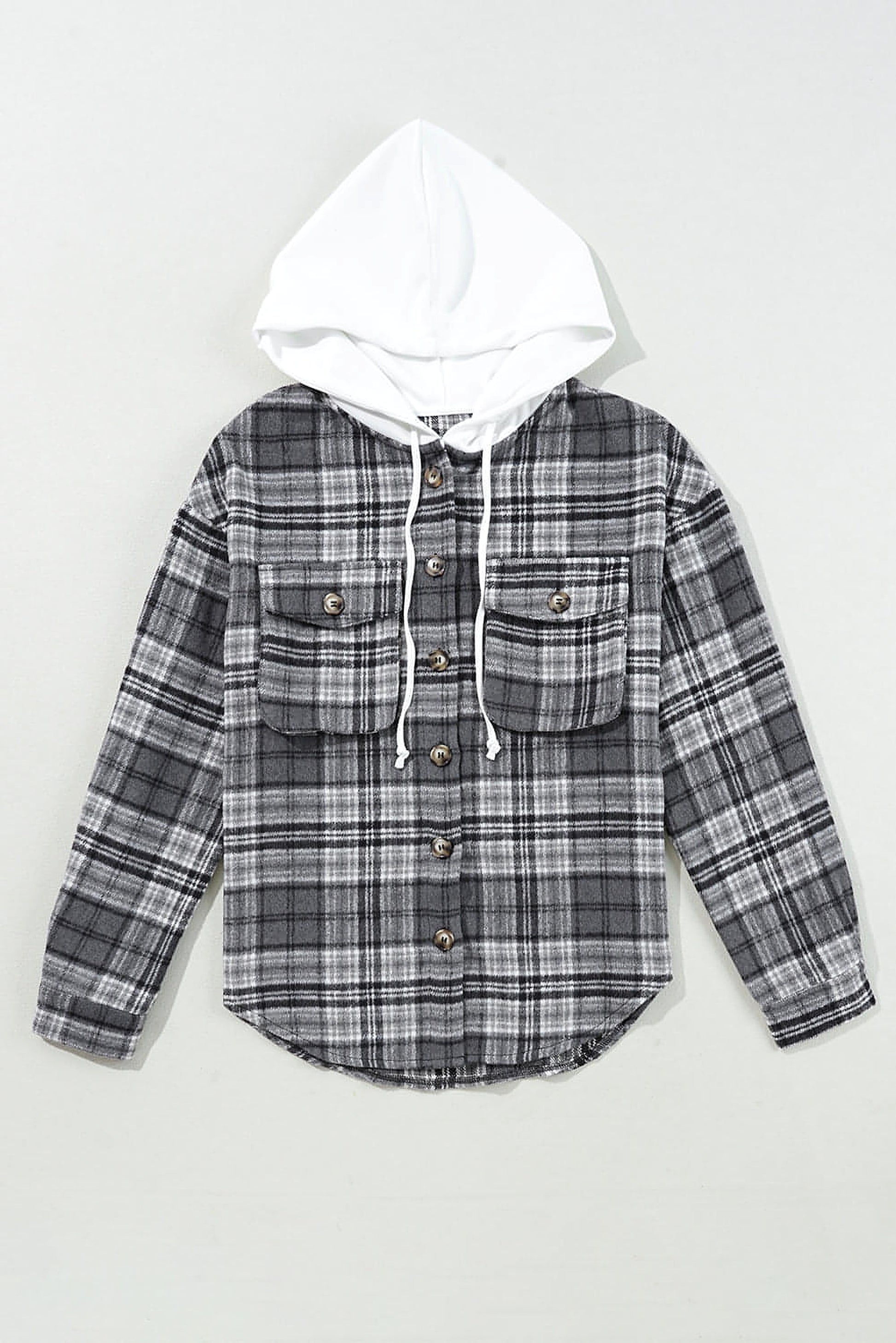 Black Plaid Print Flap Pockets Contrast Hooded Loose Shacket. - enhanced image 3