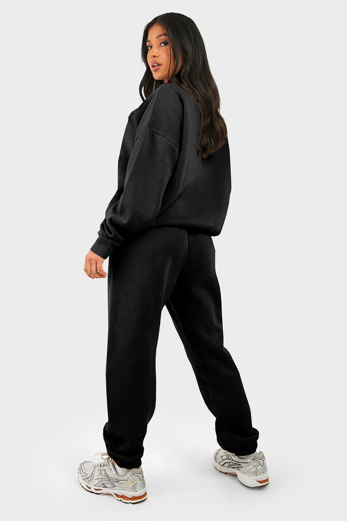 Black Plain Half Zip V Neck Ribbed Edge Loose Tracksuit - enhanced image 3