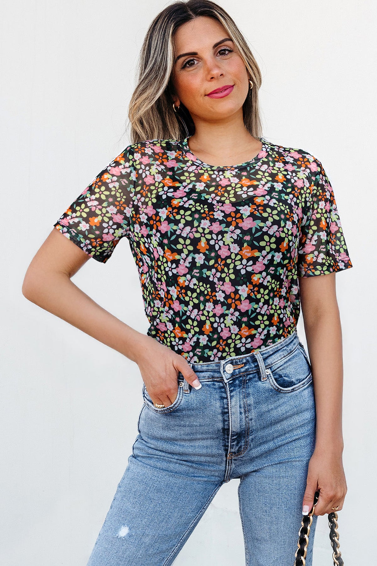 Black Sheer Floral Mesh Round Neck T Shirt - enhanced image 3