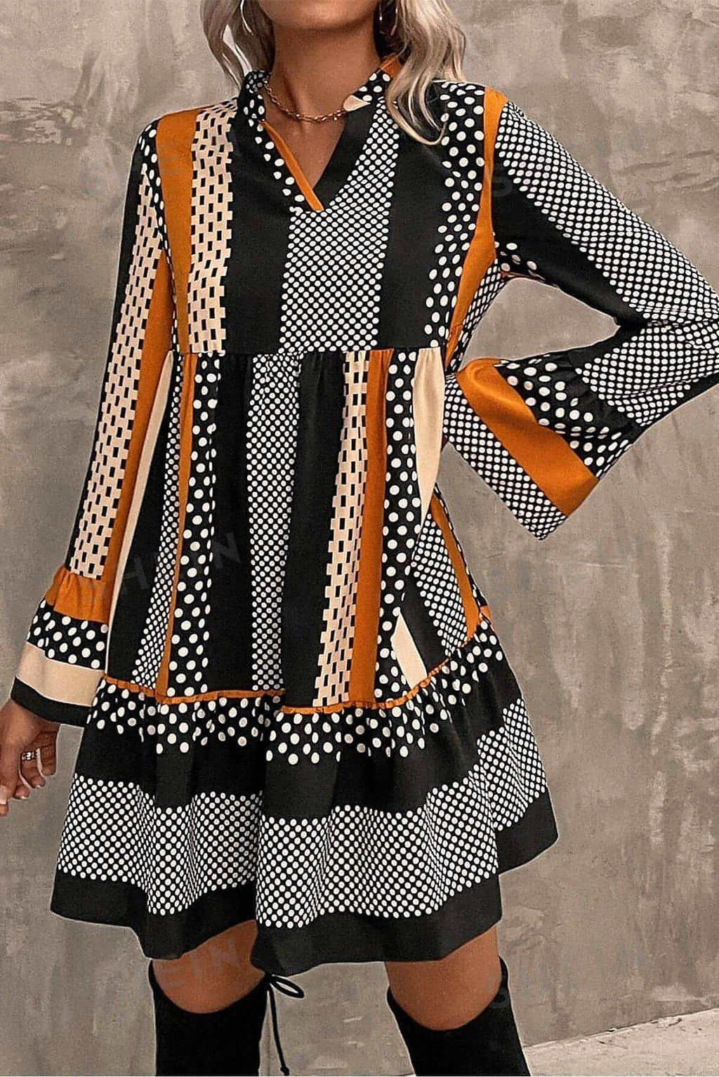 Black Striped Polka Dot Print Ruffled Hem V Neck Mini Dress - enhanced image 3