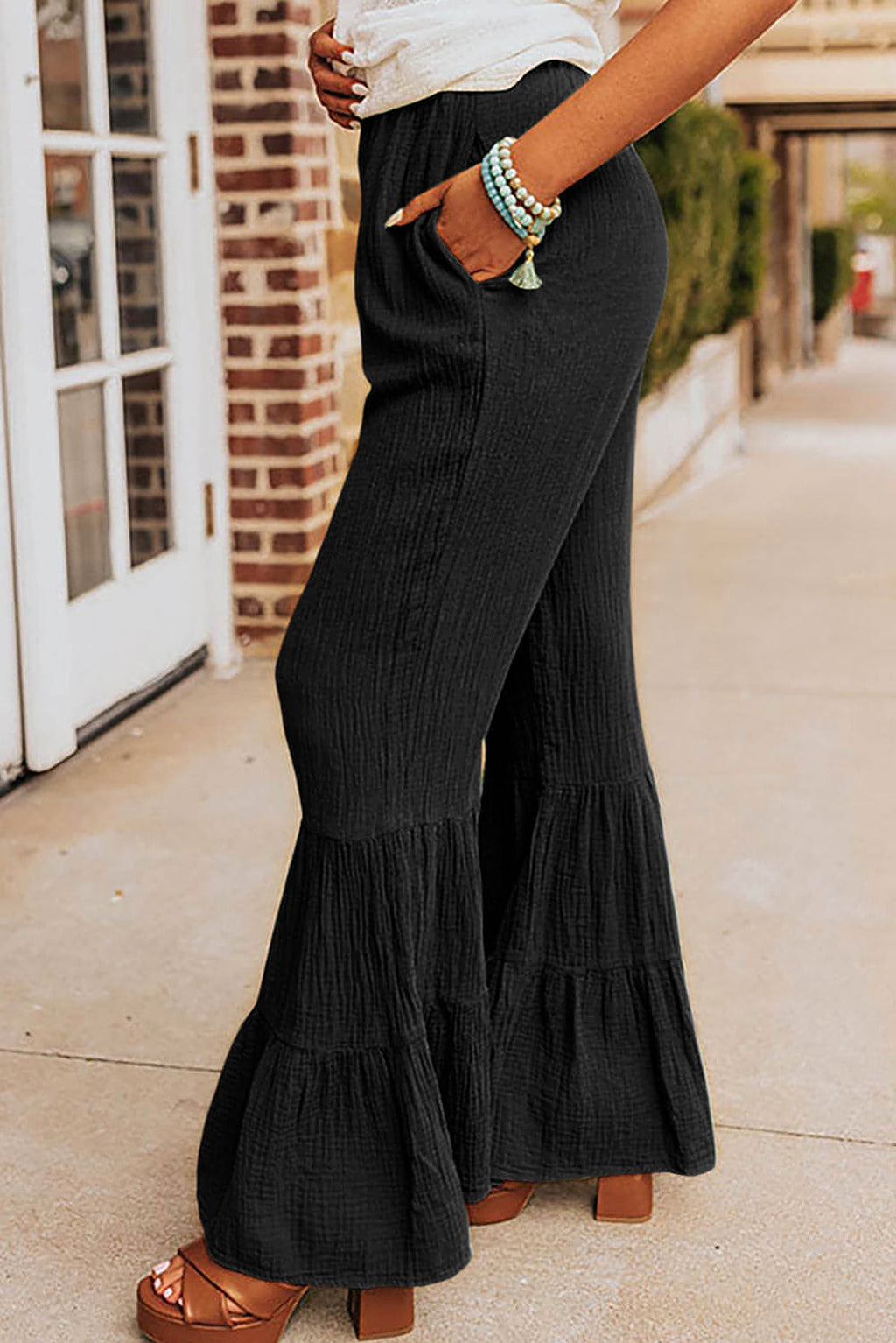 Black Textured High Waist Ruffled Bell Bottom Pants - enhanced image 3