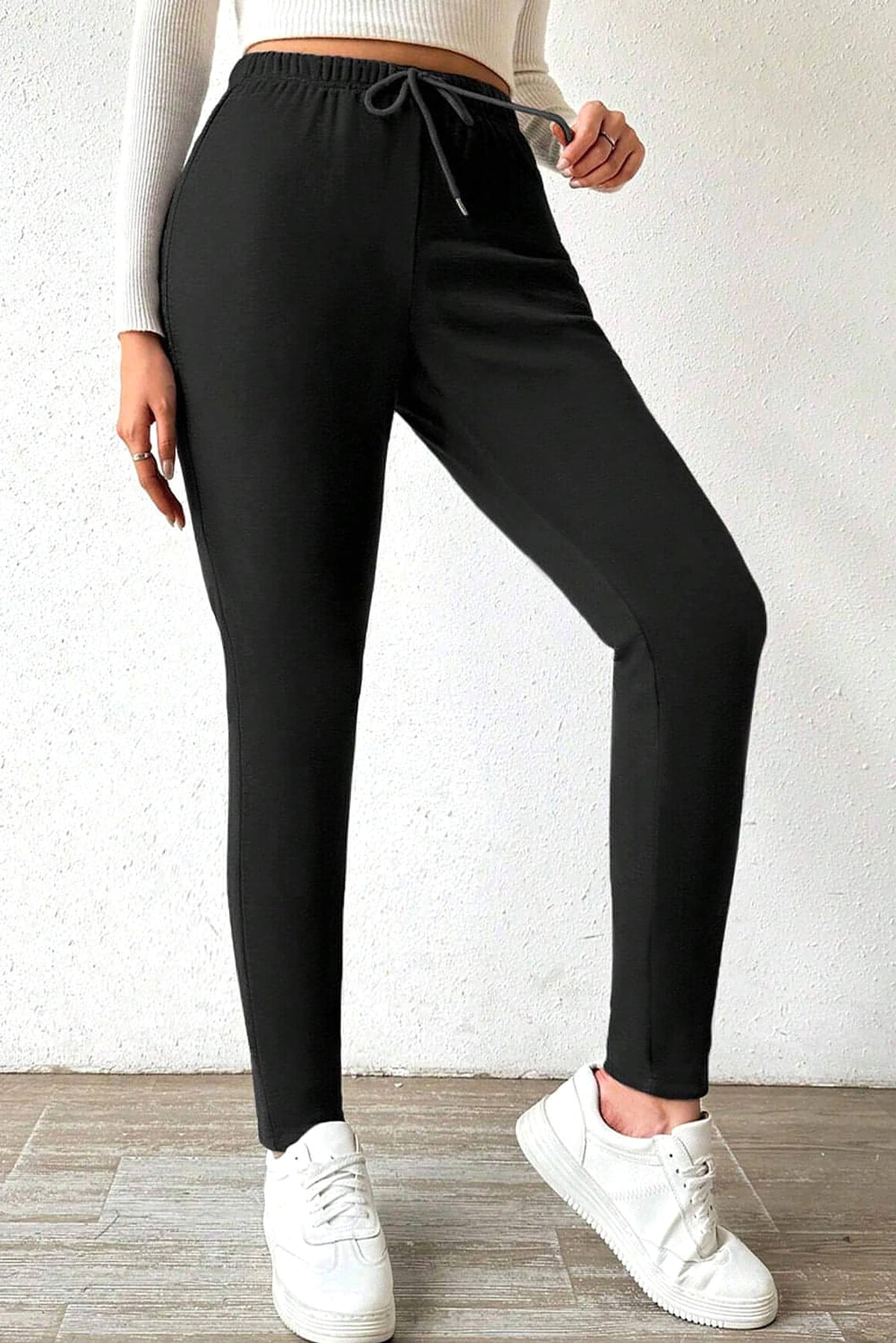 Black Thermal Lined Drawstring High Waist Leggings - enhanced image 3