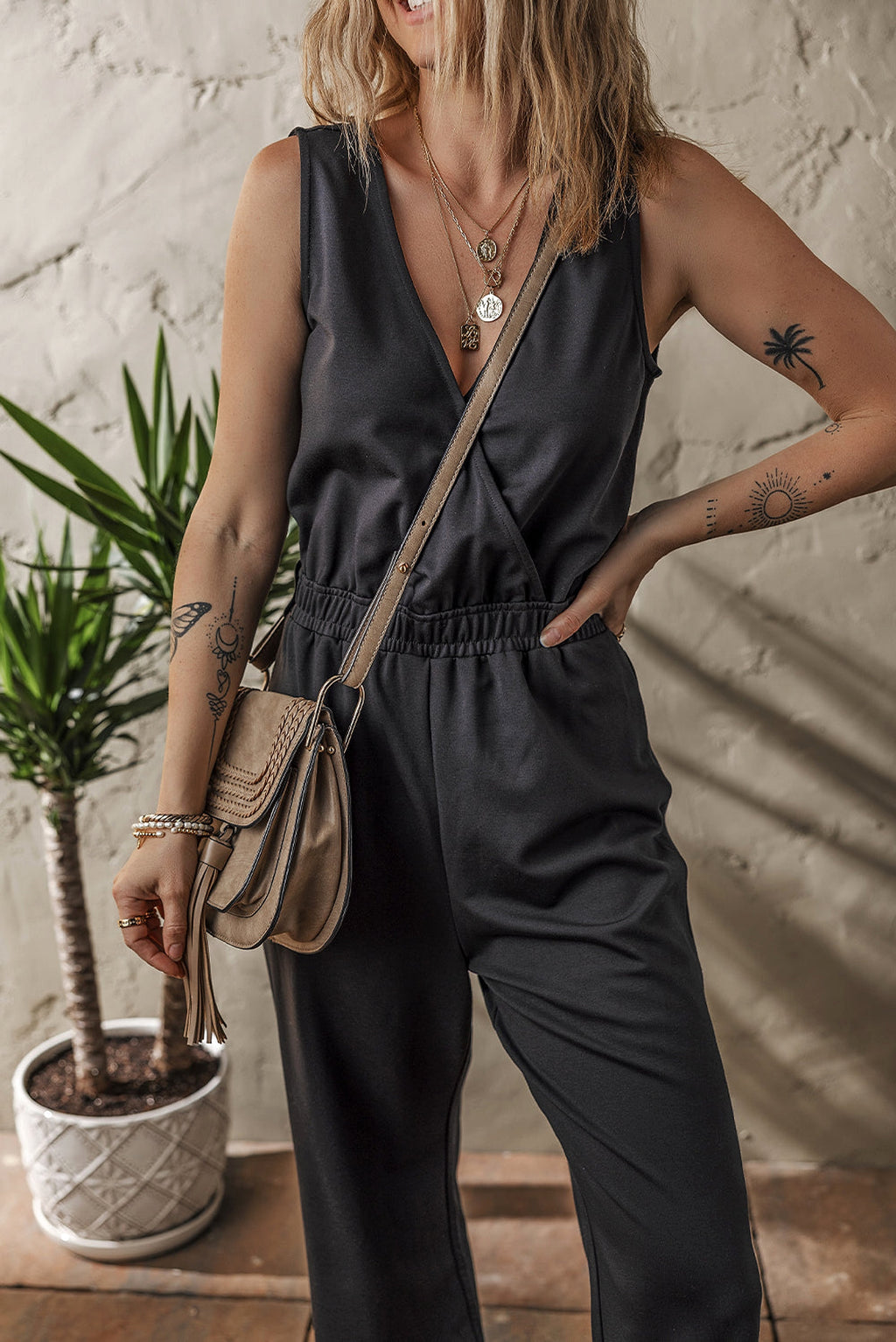 Black Wrap V Neck Sleeveless High Waist Jumpsuit - enhanced image 3
