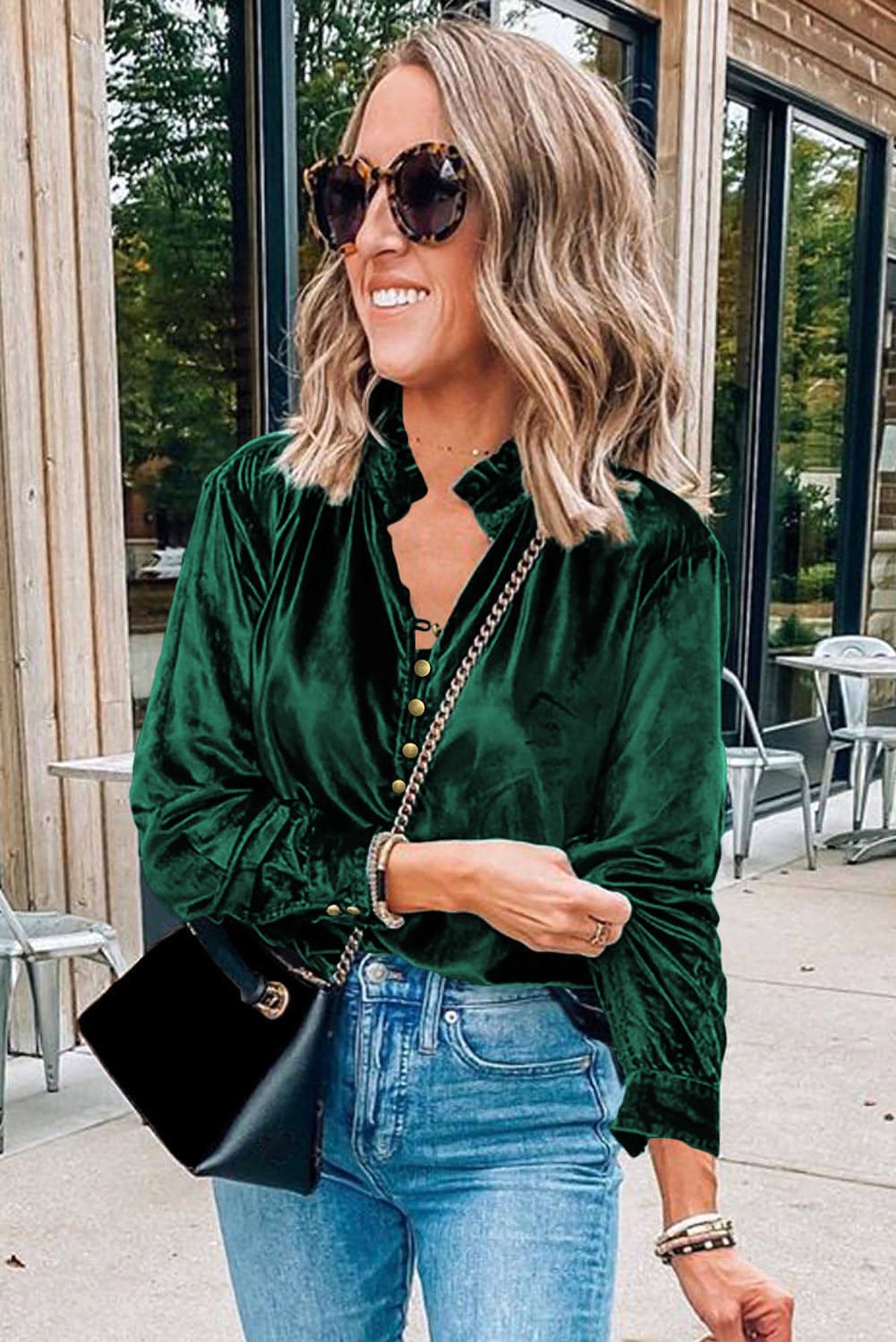 Blackish Green Frilled Neck Buttoned Front Velvet Top - enhanced image 3