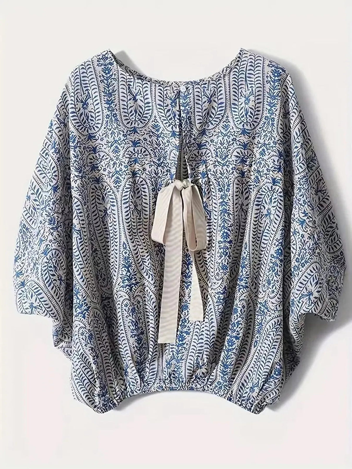 Bohemian Print Round Neck Loose Batwing Sleeve Blouse - enhanced image 3